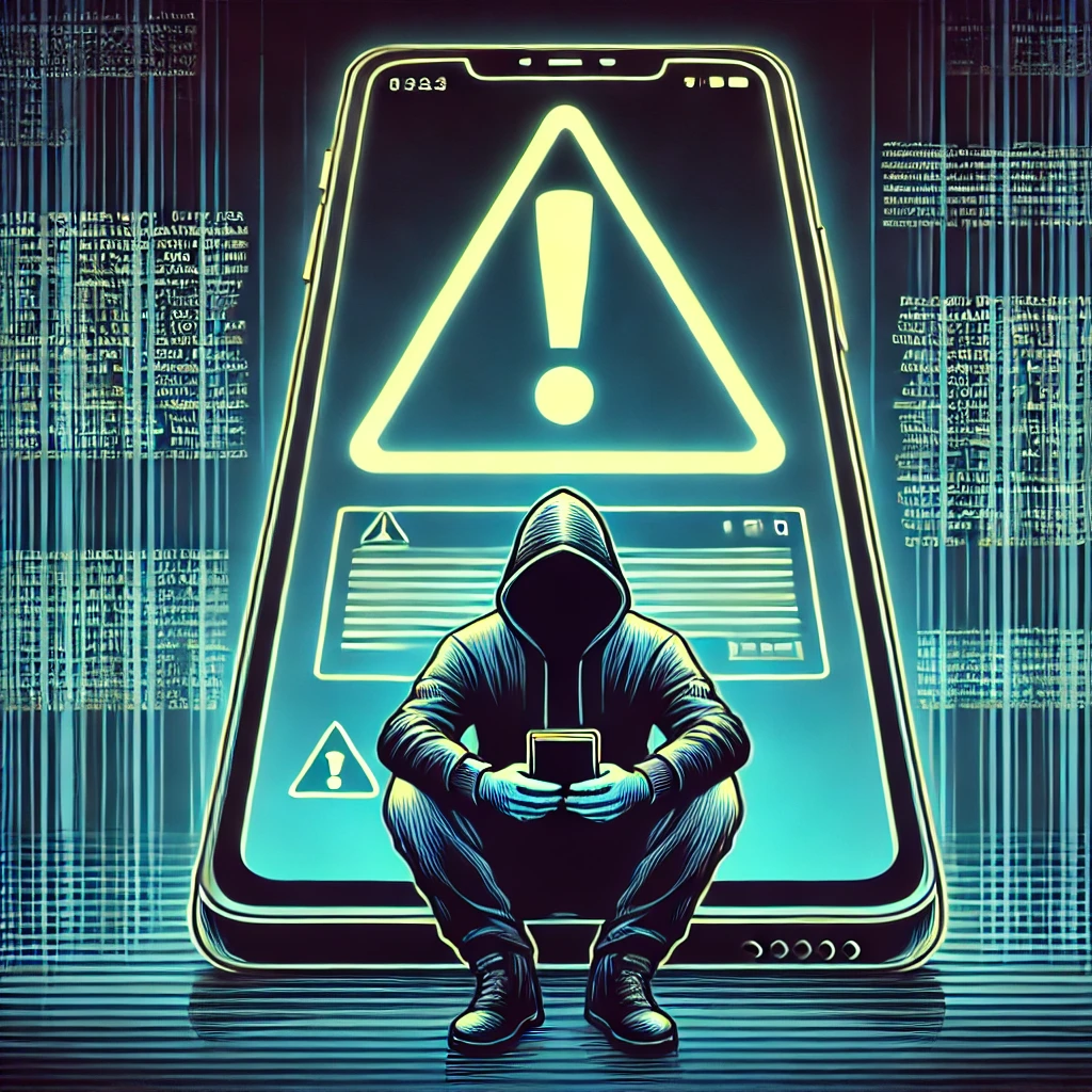 Stylized illustration of a hacker silhouette in front of a phone screen, highlighting mobile threats.