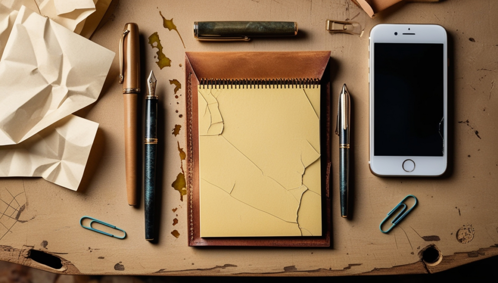 a neatly organized set of writing tools and devices.