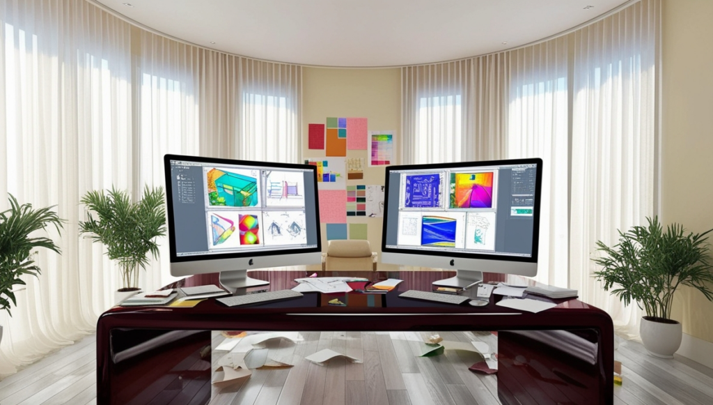 Interior designer workspace with CAD software and digital mood boards.