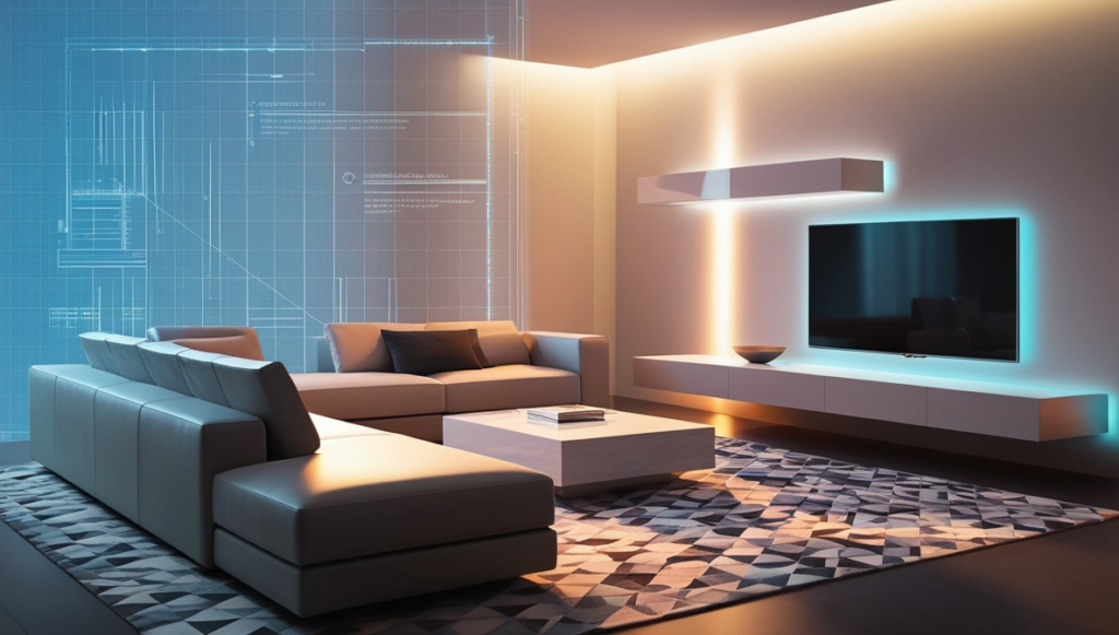 3D rendered living room with digital blueprint overlay illustrating interior design software in action.